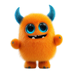 Fototapeta premium A cute orange monster toy with blue horns and eyes smiles cheerfully.