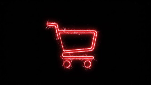 Vibrant neon red shopping cart icon with glowing electric effect on a dark background, symbolizing modern online retail and digital commerce