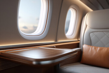 Fototapeta premium Luxury airplane business class seat with wooden tray table leather cushion ambient lighting and window view