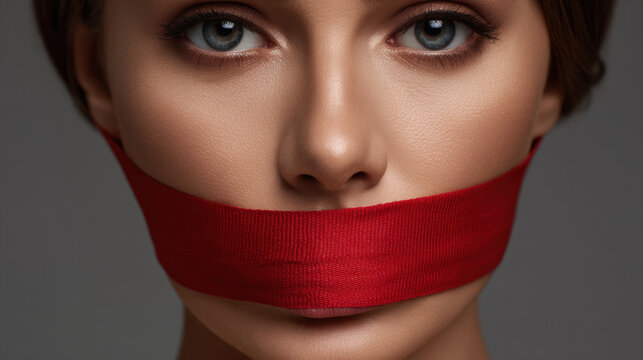 Young woman close up portrait with red tape over mouth conveying silence and restraint, intimate skin detail and neutral background conveying tension and emotion