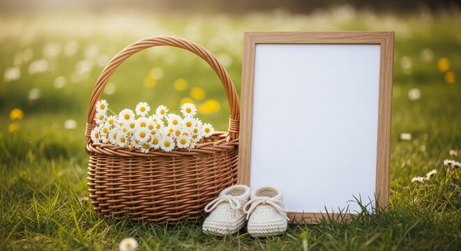A precious baby's first moments captured in a charming wicker basket with tiny shoes and a blank photo frame amidst a field of daisies