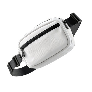 A fanny pack with a black strap and white body lies on a plain surface.
