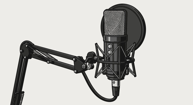 Black studio condenser microphone with pop filter.