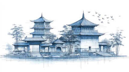 Fototapeta premium Classical Chinese Temple Architectural Drawing in Blue Line Art Style