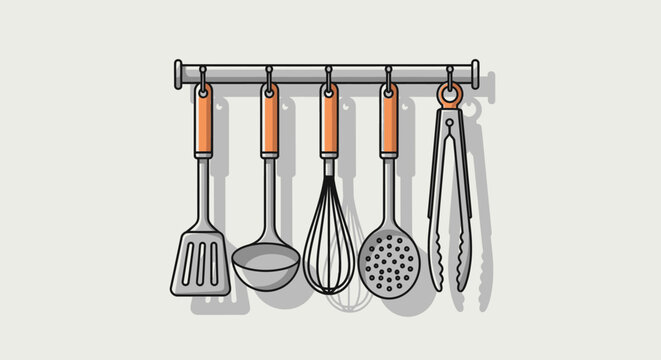 Kitchen utensils hanging on rack.