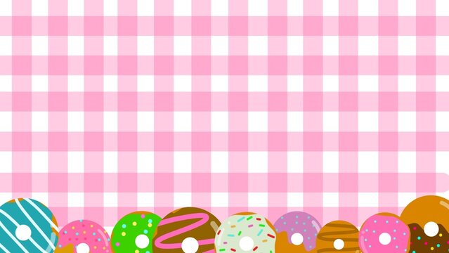 Colorful donut border with gingham background. Frame of various assorted donuts. Playful donuts with sprinkles border. Sweet dessert cartoon background