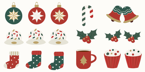 Fototapeta premium Festive christmas decorations including ornaments treats and winter accessories