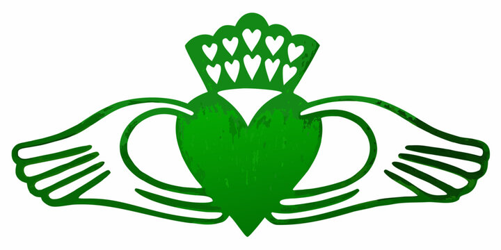 A vibrant green claddagh symbol featuring hearts and embracing hands