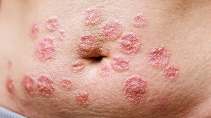 Fototapeta premium Fungal Rash on Lower Abdomen Skin with Red Spots and Irritation Symptoms