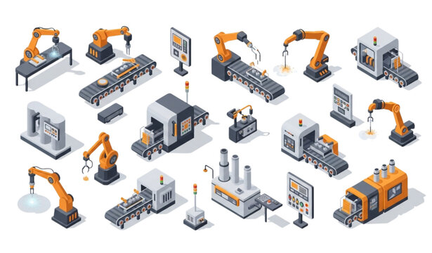 Industrial automation isometric illustration set with robotic arms factory machines and conveyor production line elements for industry 4