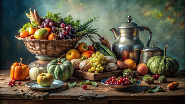 A photo of a rustic Dutch still life with a variety of fruits and vegetables arranged on a wooden platter, surrounded by antique silverware and a cera