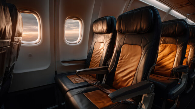 Empty airplane seat leather cabin interior sunset glow over wing window, spacious row with armrest and seatbelt, clean travel environment and soft warm light