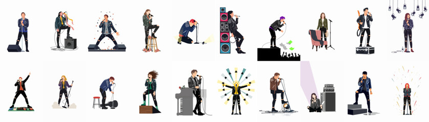 Large collection of diverse rock and roll singers in various performance poses on stage with musical equipment and stage lighting. © Juan