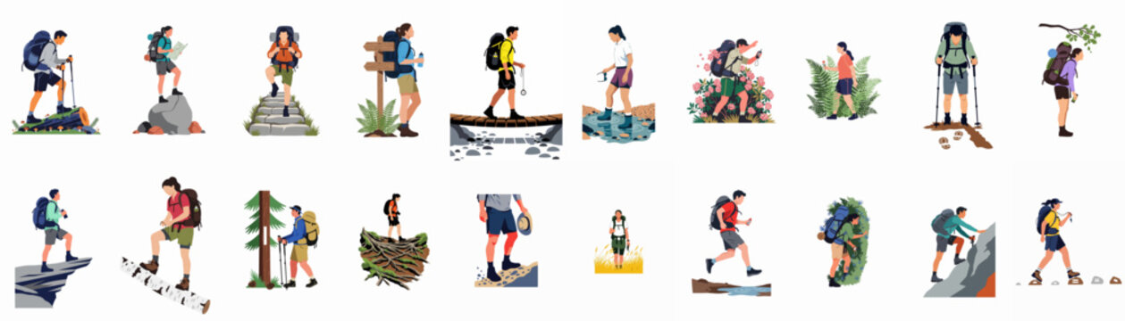 Large collection of diverse hikers in various outdoor adventure scenarios, featuring male and female characters with trekking gear, backpacks, and nature backgrounds.
