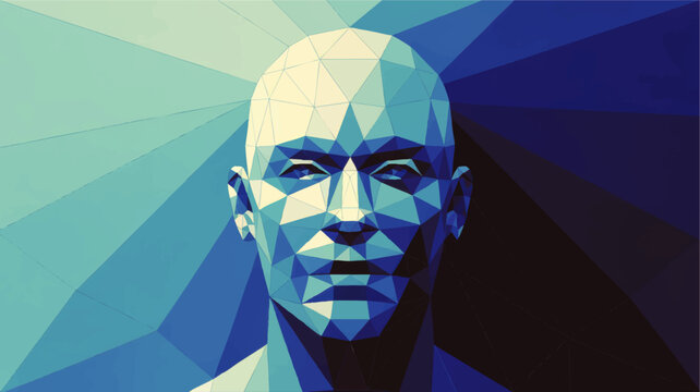 Futuristic low poly human head in blue geometric abstract style, artificial intelligence concept, digital technology background illustration