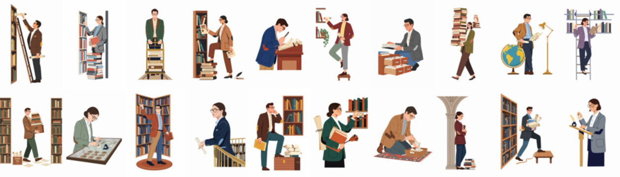 Collection of flat illustrations depicting librarians and archivists organizing books, manuscripts, and historical documents in a library or archive setting.