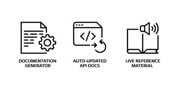 API documentation icon vector set, paper, code, and book symbols for documentation generator, auto-updated developer docs, live reference material, and software development tools