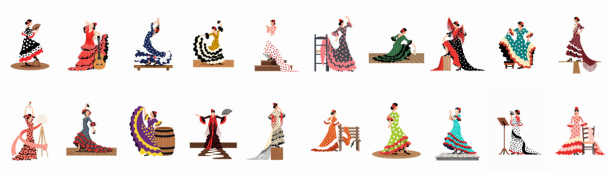 Large set of female flamenco dancers in various traditional costumes and dynamic dance poses.