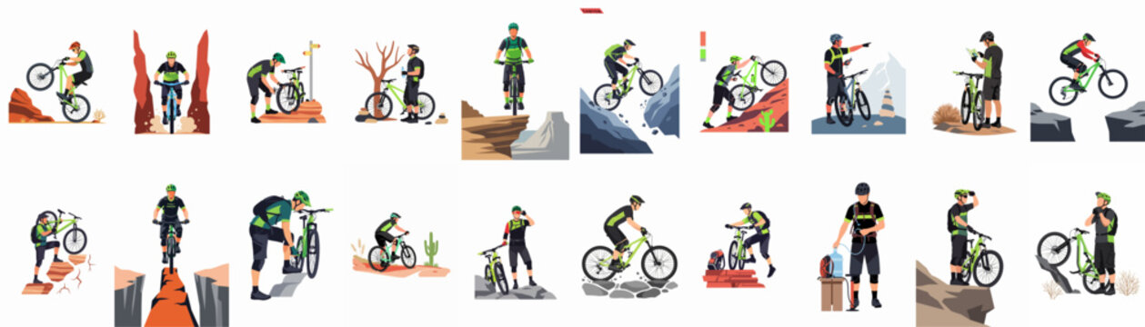 Comprehensive collection of flat vector illustrations featuring mountain bikers engaged in various activities like riding, jumping, and exploring rugged canyon landscapes.
