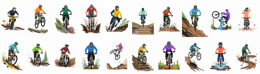 Large collection of eighteen vector illustrations depicting mountain bikers and motocross riders navigating various challenging off-road terrains like mud, rocks, and forest trails. © Juan