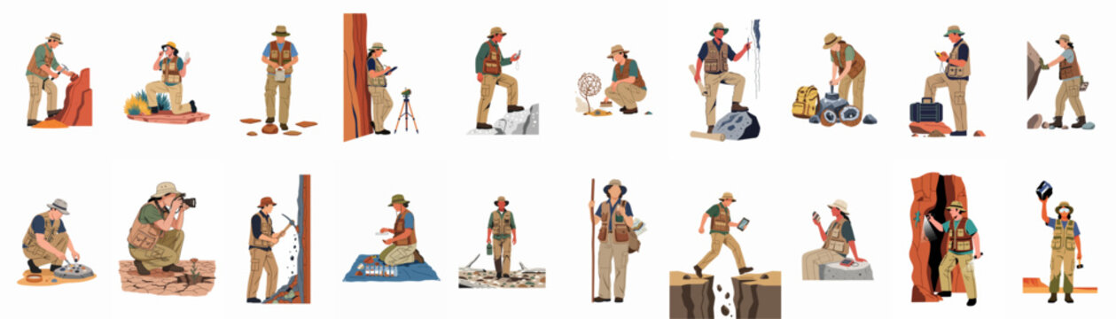 Flat vector illustrations of geologists and paleontologists conducting field research, including excavating fossils, surveying terrain, and collecting rock and mineral samples for study.