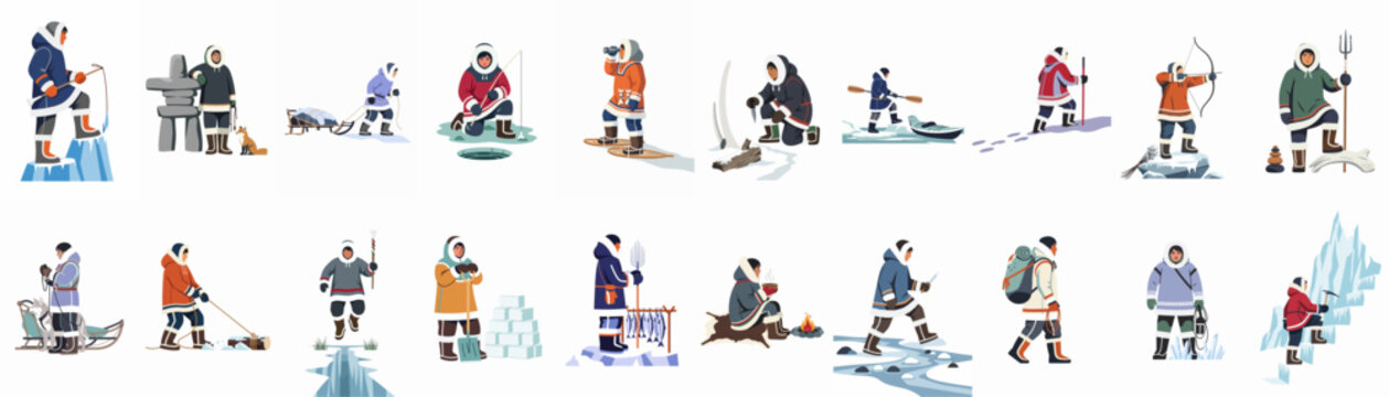 Set of vector illustrations showing traditional indigenous Arctic life, featuring hunting, fishing, sledding, and survival activities in snowy, icy landscapes.