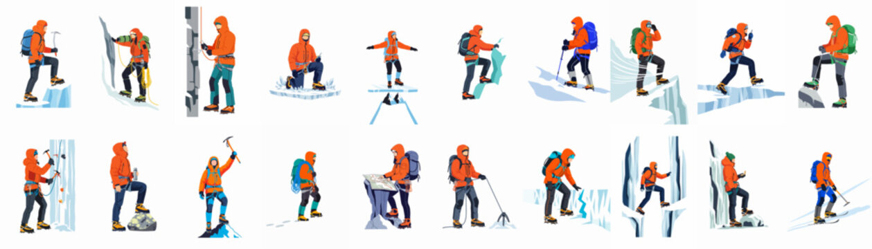 A collection of flat vector illustrations depicting mountaineers and hikers in orange winter gear engaged in various climbing and trekking activities.