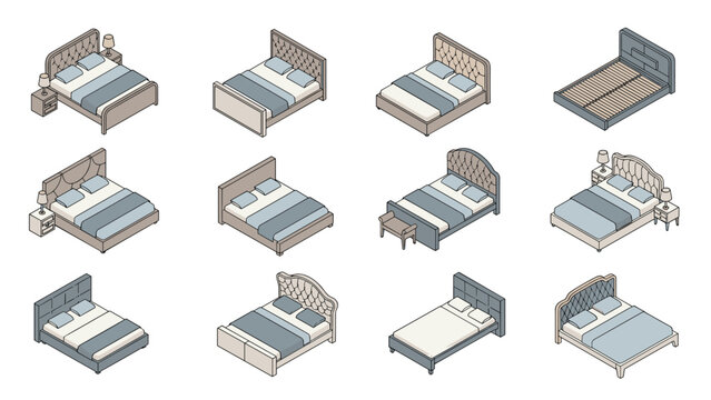 Diverse collection of twelve isometric double bed designs with various headboard styles, mattresses, and colorful bedding sets.