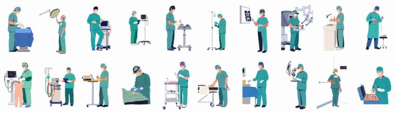 Flat illustration set of diverse surgeons and medical staff performing various duties in an operating room and hospital environment, isolated on white background.