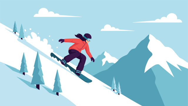 Skilled female snowboarder glides down a steep snowy mountain slope surrounded by evergreen pine trees under a clear winter sky.