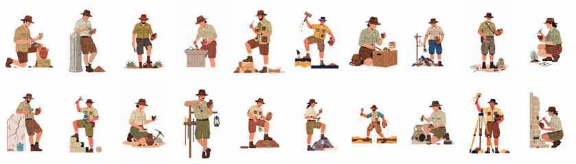 A collection of male and female archaeologists in safari outfits excavating ancient artifacts, pottery, and ruins using various tools in a flat vector style. © Juan