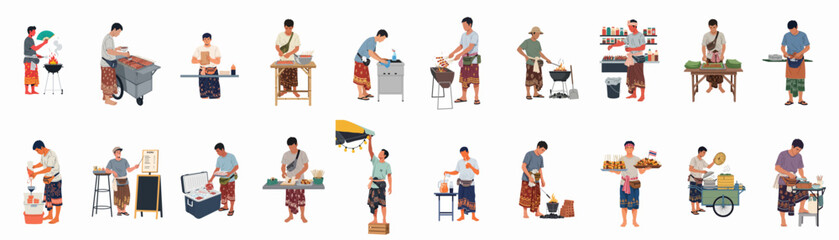 Vector illustrations of male Thai street food vendors in traditional clothing performing various tasks like grilling, cooking, and serving, isolated on white background. © Juan