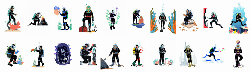 Fototapeta premium Diverse set of 20 underwater diver illustrations featuring scuba diving, treasure hunting, marine biology research, and deep-sea exploration in a flat art style.