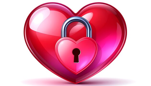A large red heart shape, shiny and three-dimensional, with a smaller pink heart-shaped padlock securing its center
