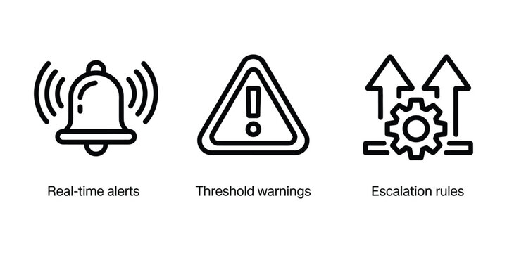 Real time alert and monitoring icon vector set, threshold warnings, escalation rules, and critical system response symbols for business dashboards, analytics, and IT operations