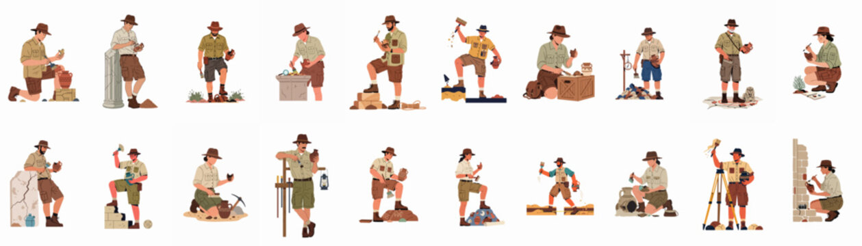A collection of male and female archaeologists in safari outfits excavating ancient artifacts, pottery, and ruins using various tools in a flat vector style.