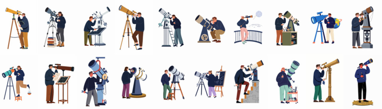 A collection of diverse people using various telescopes for astronomy, stargazing, and scientific observation in a flat illustration style.