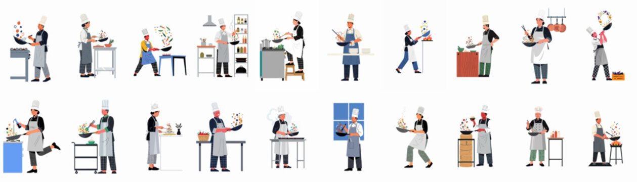 Diverse Collection of Professional Chefs Cooking and Preparing Food in Various Kitchen Scenarios, Flat Vector Illustration Set Isolated on White