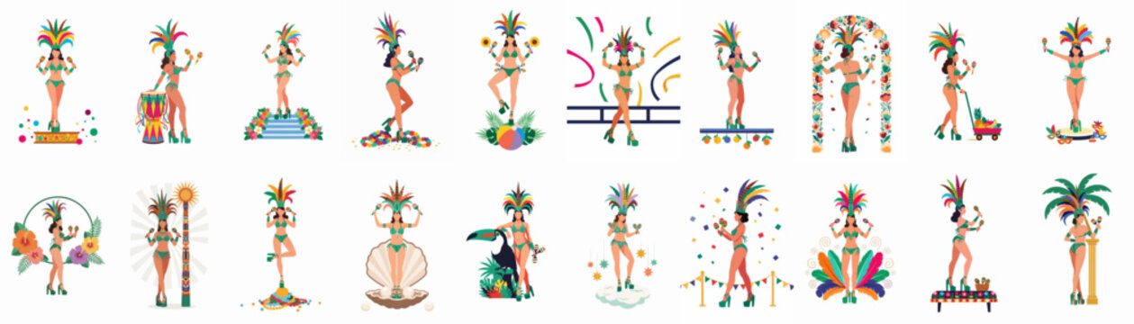 Collection of twenty flat illustrations featuring vibrant Brazilian carnival dancers in traditional feather costumes, celebrating the energy and culture of Rio's famous festival.