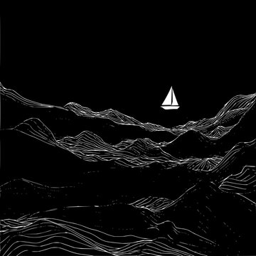 Sailboat Sailing on Mountain Waves at Night