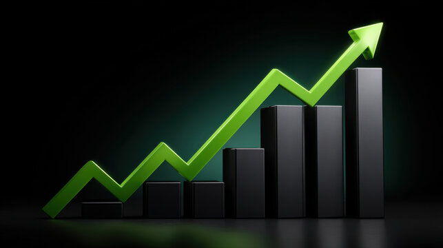 Green upward arrow chart rising over black bar graph symbolizing growth and profit optimistic momentum