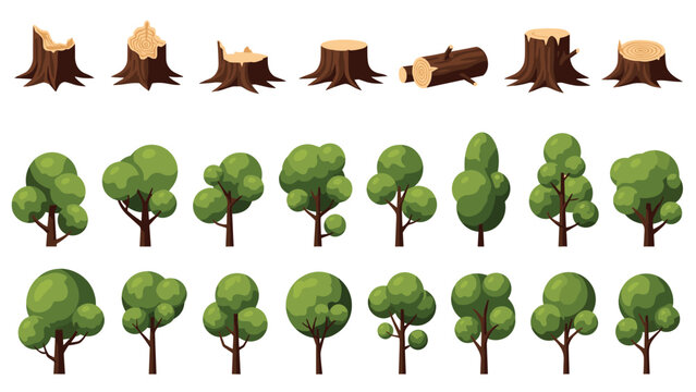 Grid of various types of green trees and brown tree stumps after being cut down showing the impact of logging and forestry.