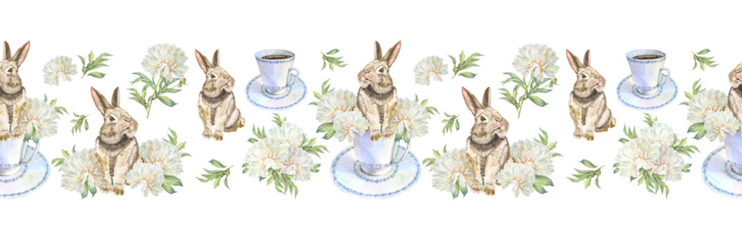 Watercolor seamless border with rabbit and peony in porcelain cup on white background. Hand-drawn flower with leaves and animal hare for Easter rim. Spring wedding celebration. Wallpaper or wrapping