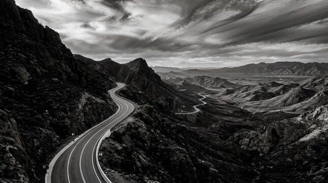 Dramatic Black And White Landscape With Winding Road Through Mountainous Terrain Under Cloudy Sky