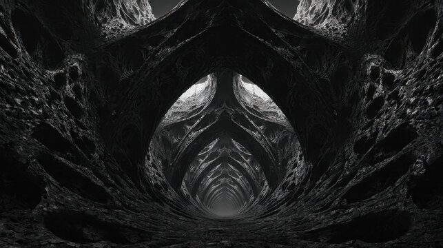 Dark fractal tunnel interior with repeating archway patterns and textured rock surfaces creating dramatic monochrome depth and moody atmosphere