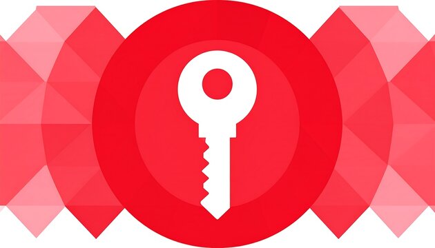 A white key silhouette centered within a red circle, framed by a mosaic of red and white geometric shapes