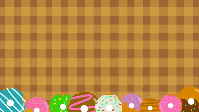 Colorful donut border with gingham background. Frame of various assorted donuts. Playful donuts with sprinkles border. Sweet dessert cartoon background