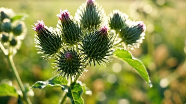 Close up of flowering burdock plant with spiky burs in sunny field
