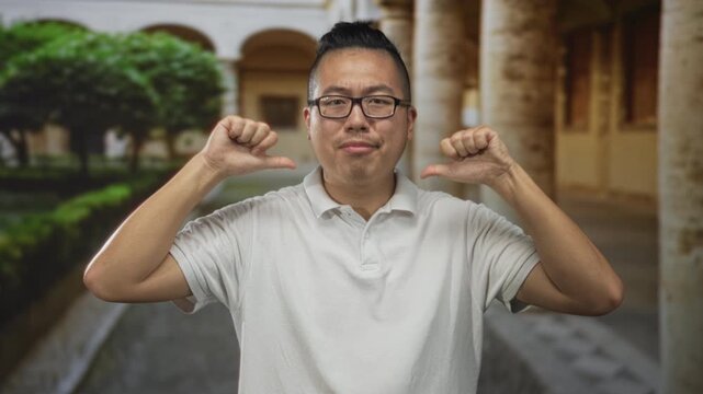 Man wearing glasses with thumbs pointing to chest in building colonnade outdoors; confidence self identity.