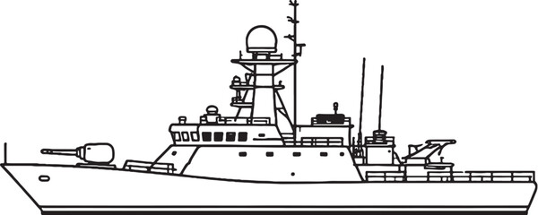 Patrol Warship Naval Vessel Military Ship Line Art Vector Illustration Side View © Hue